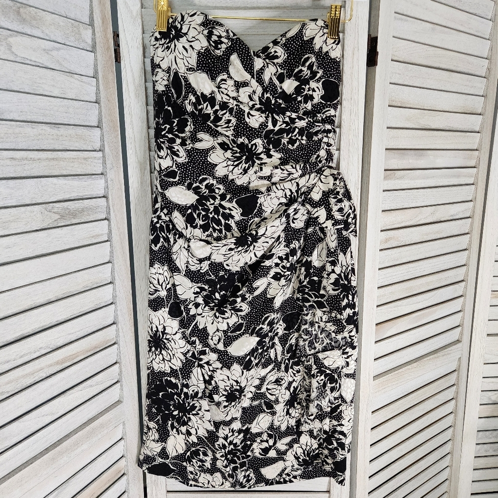 Vintage 100% silk strapless bow detail dress size 4 floral on polka dot